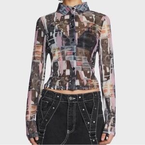Ragged Priest Amnesia Mesh Scrapbook Patchwork Crop Collar Button Up Size 8